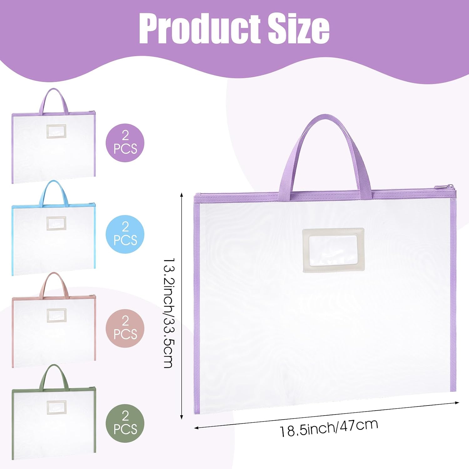 8 Pcs Project Bags with Handles, A3/8K Size Craft Organizer Storage Tote for Sewing Quilting Knitting, See-Through Mesh Zipper Pouch in 4 Colors (Blue Pink Green Purple)