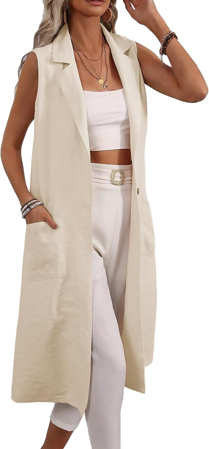 Mina Self 2025 Summer Sleeveless Long Linen Blazers Jacket Women Lightweight Fashion Casual Work Outerwear with Pockets - Image 2