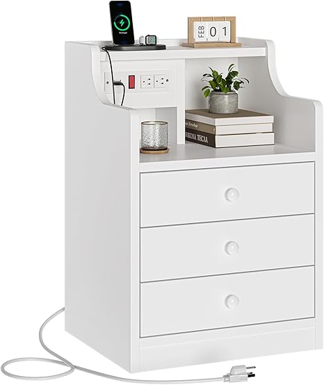 ADORNEVE Nightstand with Charging Station,White Night Stand with Hutch,Bedside Table with Drawers,Bed Side Table with Storage