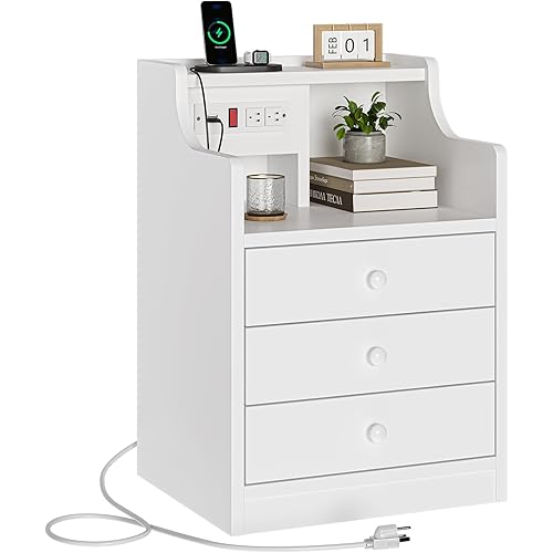ADORNEVE Nightstand with Charging Station,White Night Stand with Hutch,Bedside Table with Drawers,Bed Side Table with Storage
