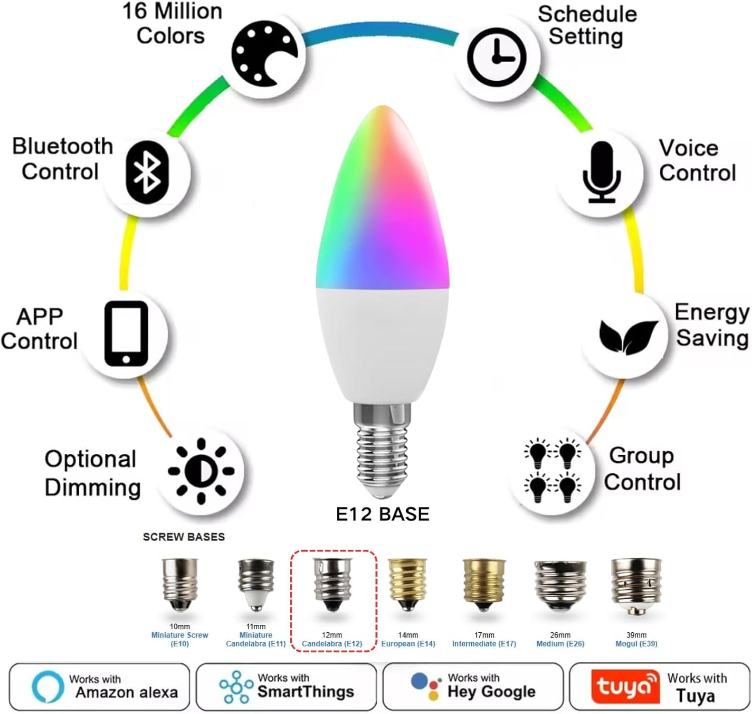 Candelabra Smart Light Bulbs 60W Equivalent, 450LM 5W LED Bulb Compatible with Alexa/Google Home, RGBCW 16 Million Color Changing Light Candle Bulb, No Hub Required, 2.4G (E12) (4)
