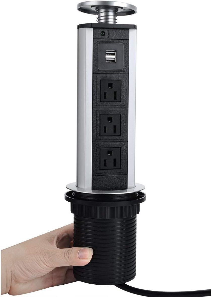 2019 Version Pulling Pop-up Desktop Kitchen Countertop Island Power Outlets Grommet, Surgetek in-Desk Counter Power Strip Surge Protector with 3-Socket& Dual USB Chargers (Pop Up Surge Protector)