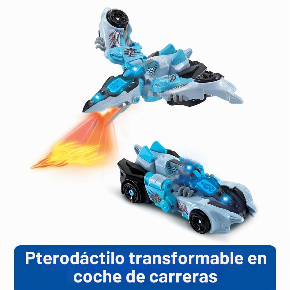 VTech – Switch & Go Dinos Fire, Dinosaurio Sonore Steel, el Super Pterodáctilo, Juguete 2 en 1 Transformable en Coche de Carreras, proyecciones Luminosas, Para niños a Partir de 4 años, Francés