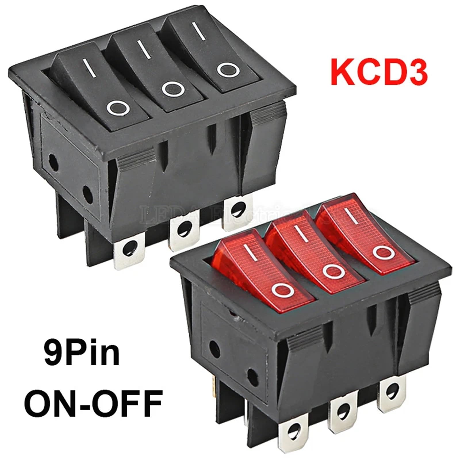 KCD3 przełącznik kołyskowy ON-OFF 2 pozycje 9 pinów KCD3-303, czarno-czerwony, potrójny włącznik światła, przycisk 34 x 40 mm, łódź do samochodu (czarny i czerwony)