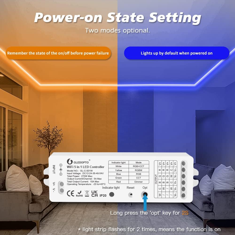 Image showing two power-on state options for the GLEDOPTO controller: remember state before power failure or lights up by default