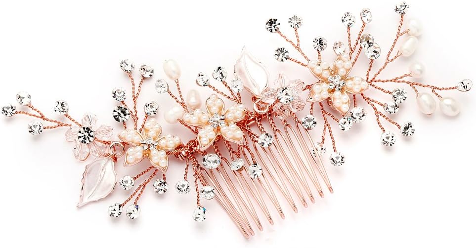 Mariell Handmade Rose Gold Bridal Hair Comb Headpiece with Pearls