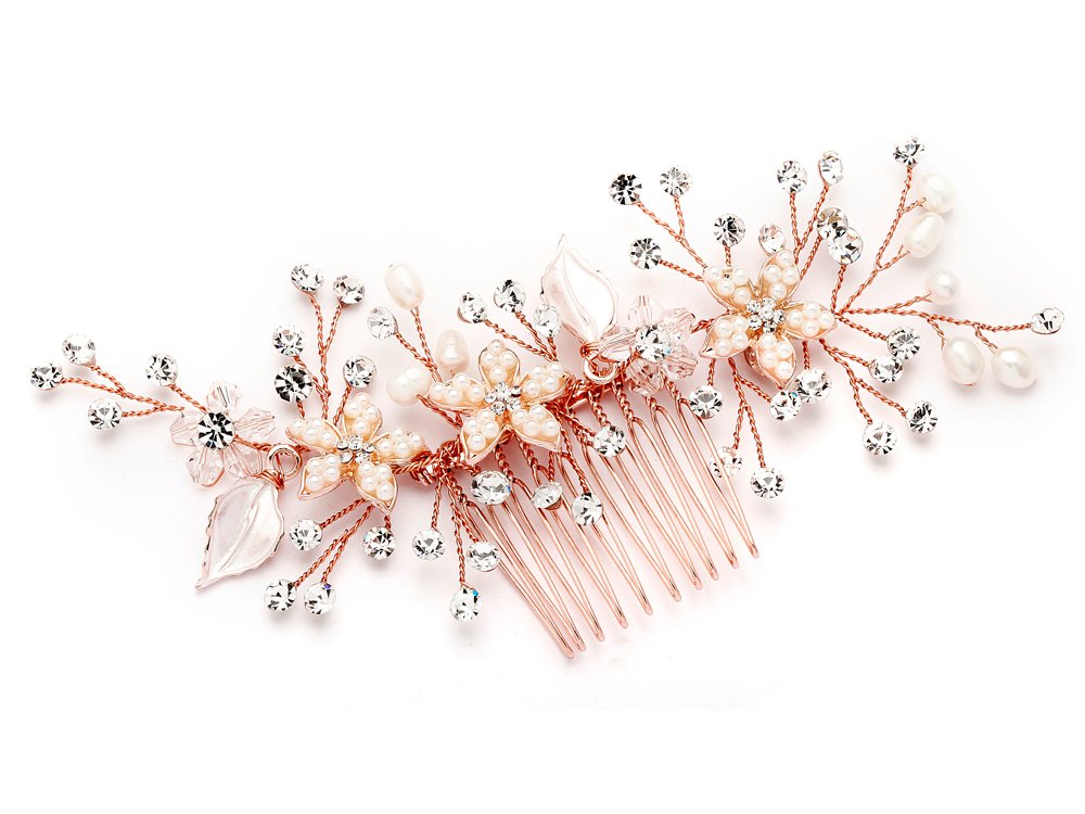 Mariell Handmade Rose Gold Bridal Hair Comb Headpiece with Pearls