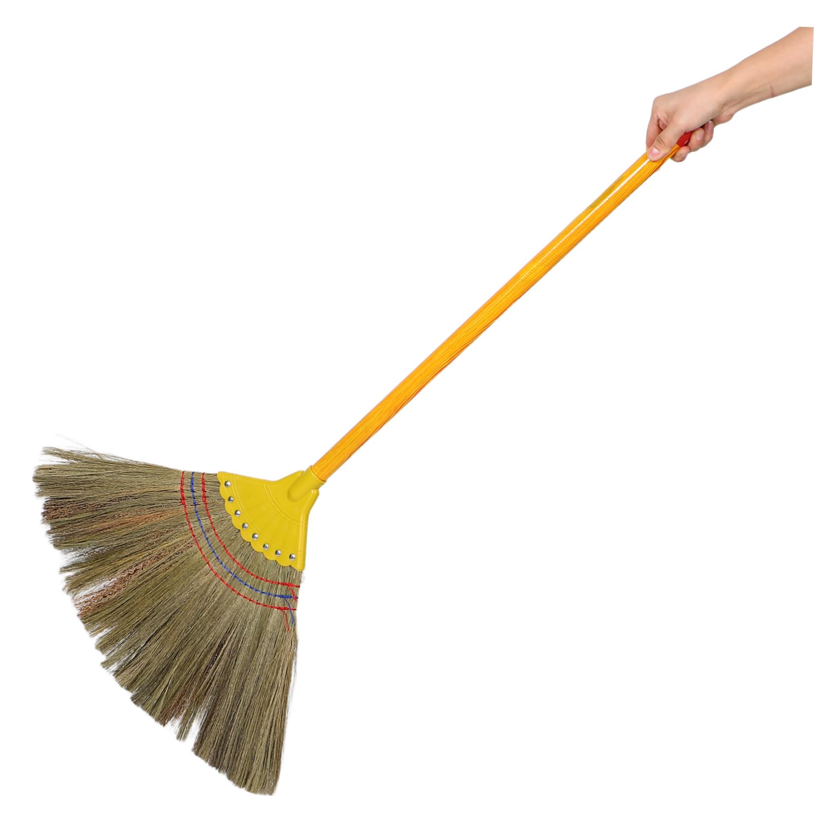 Escoba de paja hecha a mano con mango de madera desmontable, escoba de paja asiática tejida a mano con encanto vintage suave en suelos para limpieza de patio y patios