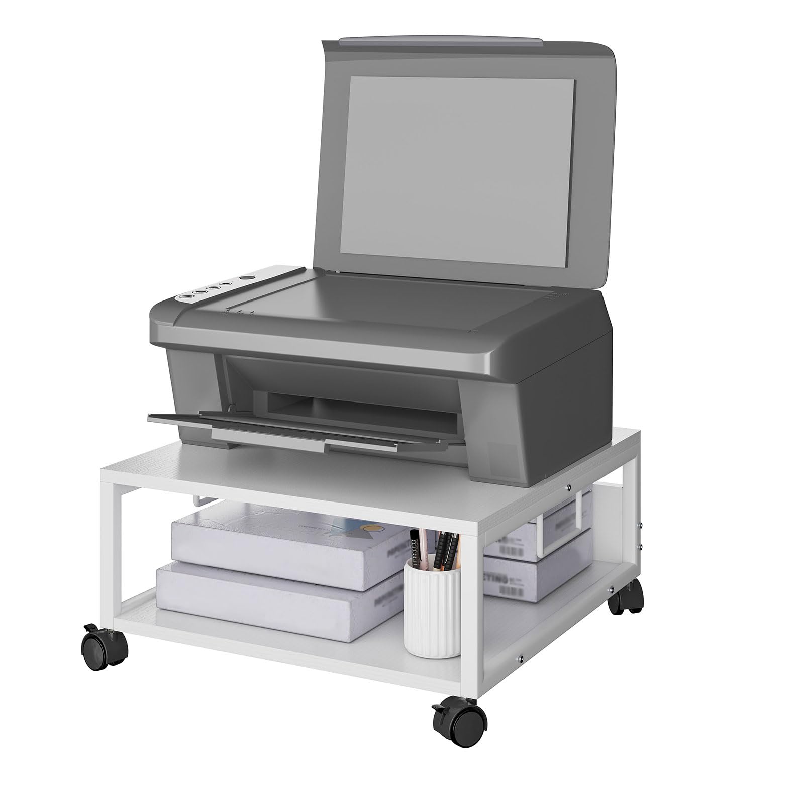 IBUYKE TLJ008W Support d'imprimante de bureau à 2 niveaux avec roulettes, table roulante robuste avec dossiers de rangement, pour livres, fax, scanner, bureau à domicile