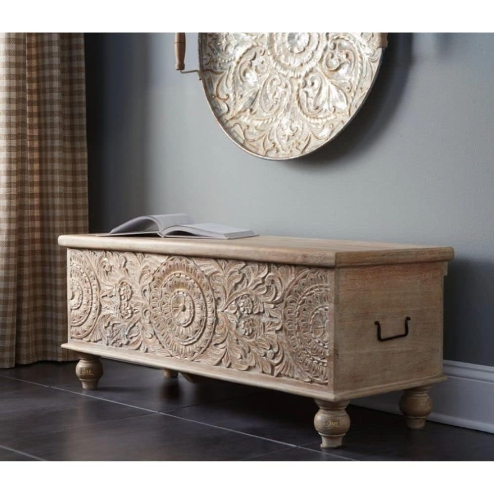 Solid Wooden White Storage Trunk Carving For Living room, Bedroom, Hotel & Home, White Colour, (43.25L x 17.25W x 18H Inches)-image-3