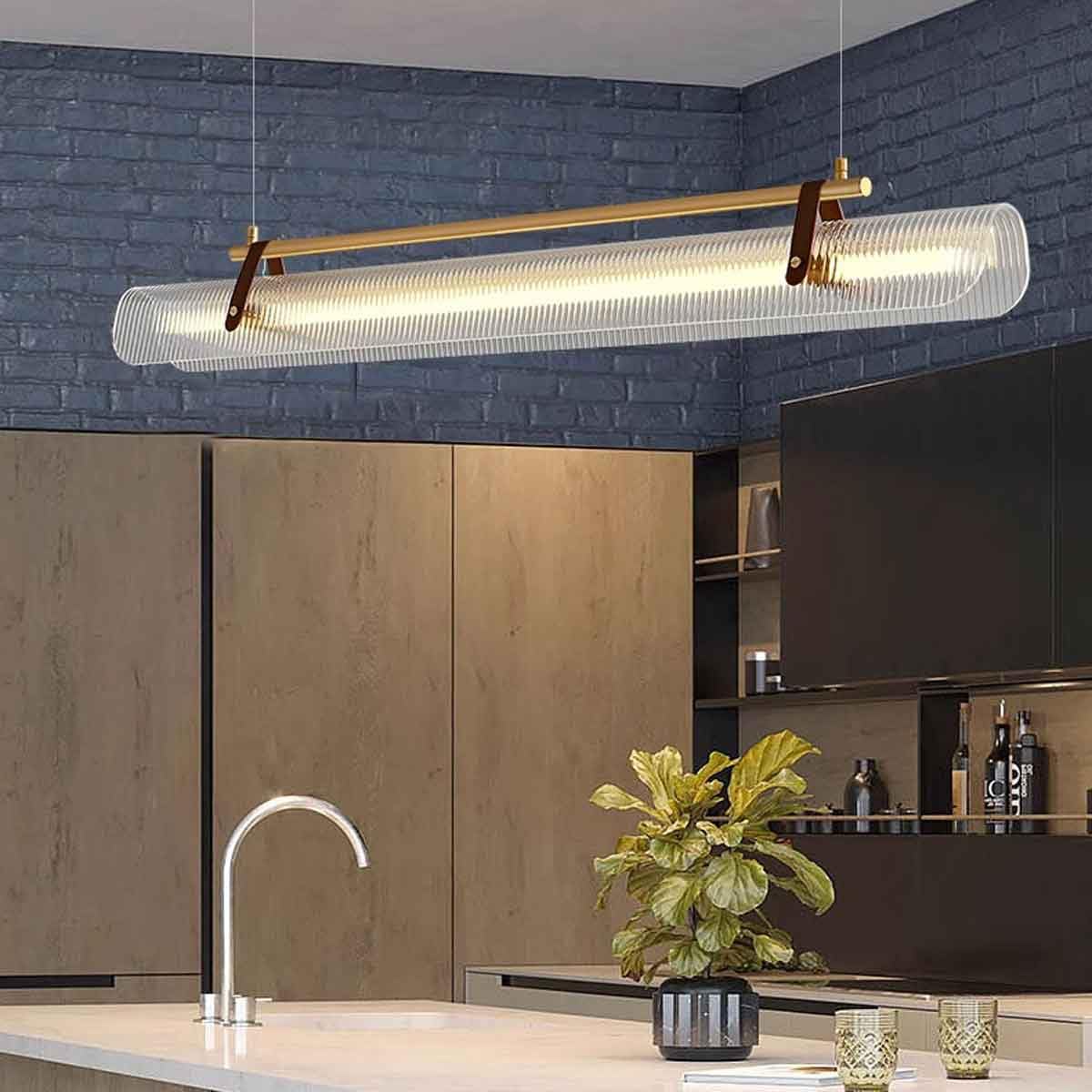 Lampadari a Striscia per Isola Cucina, Lampada a Sospensione LED Moderna con Cambio di Colore a 3 tonalità, lampadario a Sospensione in Acrilico Trasparente Dorato sopra Il Tavolo