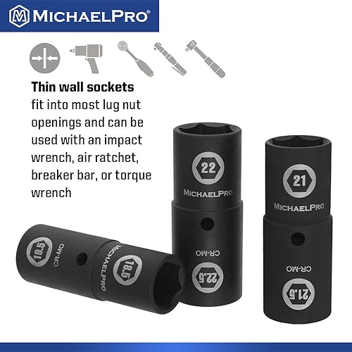 Miniatura 3 de MichaelPro Juego de 4 piezas de 12 pulgada de tamaño medio, juego de tuercas abatibles de impacto de pared delgada, acero cromado Moly para uso de