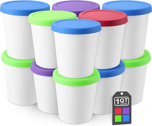 12 recipientes de helado de 1 cuarto de galón para helados caseros, recipientes reutilizables de almacenamiento de helado con tapas de silicona para