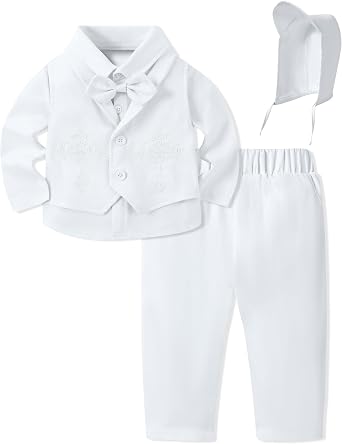 YALLET Baby Boys Suit Toddler Baptism Outfits White Christening Clothes Formal Dress Shirt+Bowtie+Pants+Embroidery Vest+Hat