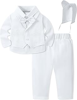 Baby Boys Suit Toddler Baptism Outfits White Christening Clothes Formal Dress Shirt+Bowtie+Pants+Embroidery Vest+Hat
