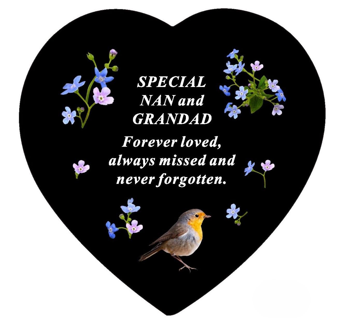 David Fischhoff Black Nan And Grandad Memorial Heart Plaque – Graveside Ornament With Robin & Forget-Me-Not Design