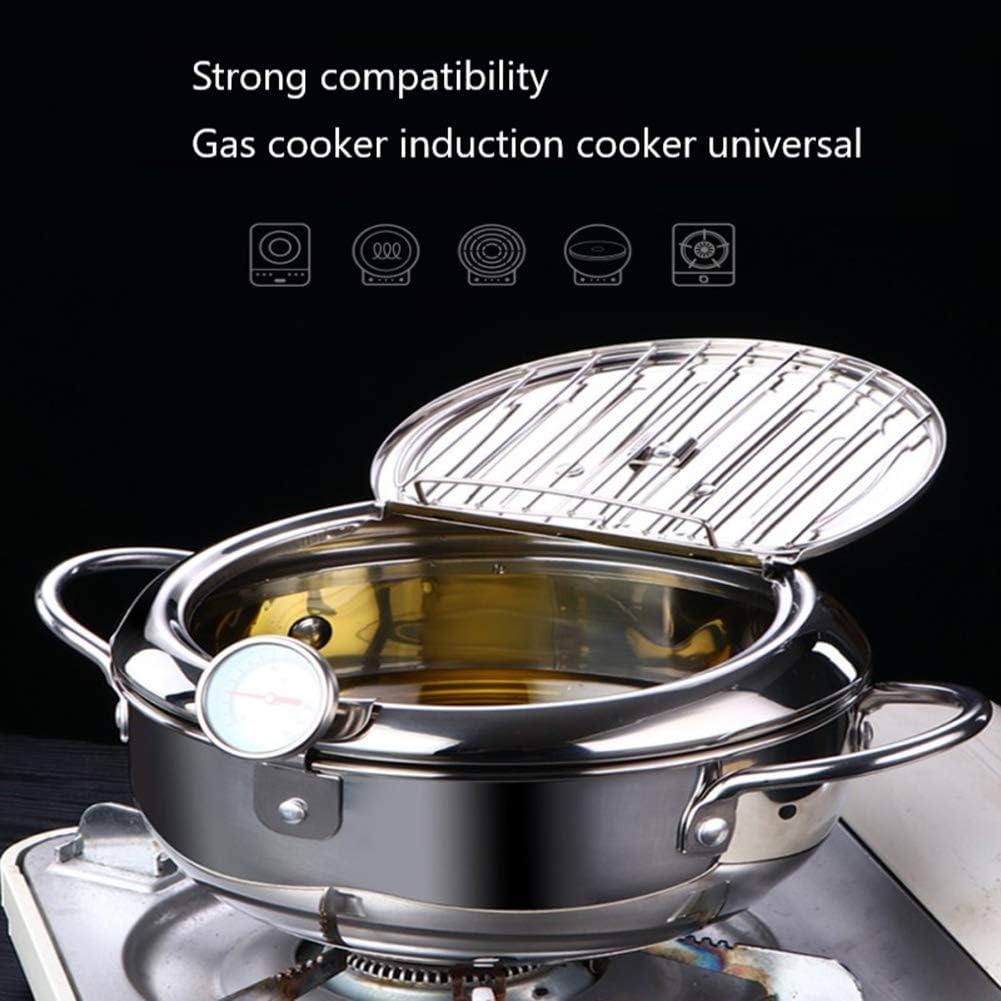 WSHA Deep Fryer Japanese Style Tempura Frying Pot with Thermometer and Oil Drip Drainer Rack, for Kitchen French Fries Shrimp Chicken,S