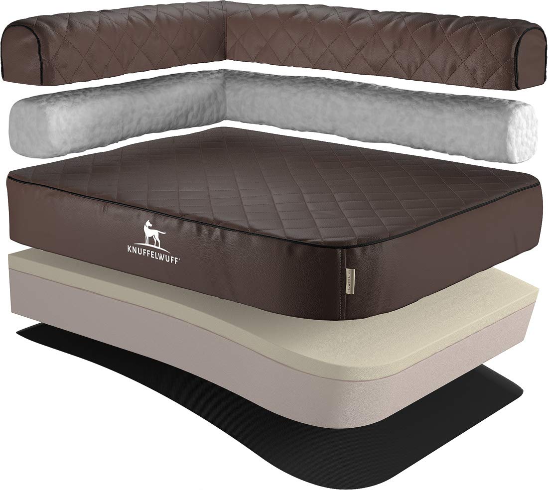 Knuffelwuff Orthopädisches Eck Hundebett Winslow aus Laser-gestepptem Kunstleder XXL 120 x 80cm Lehne Links Braun