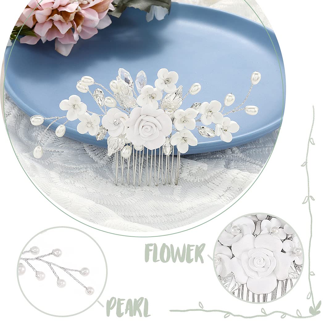 Pettinino per capelli da sposa, colore argento, con fiori, diamanti sintetici e cristalli, per donne e ragazze