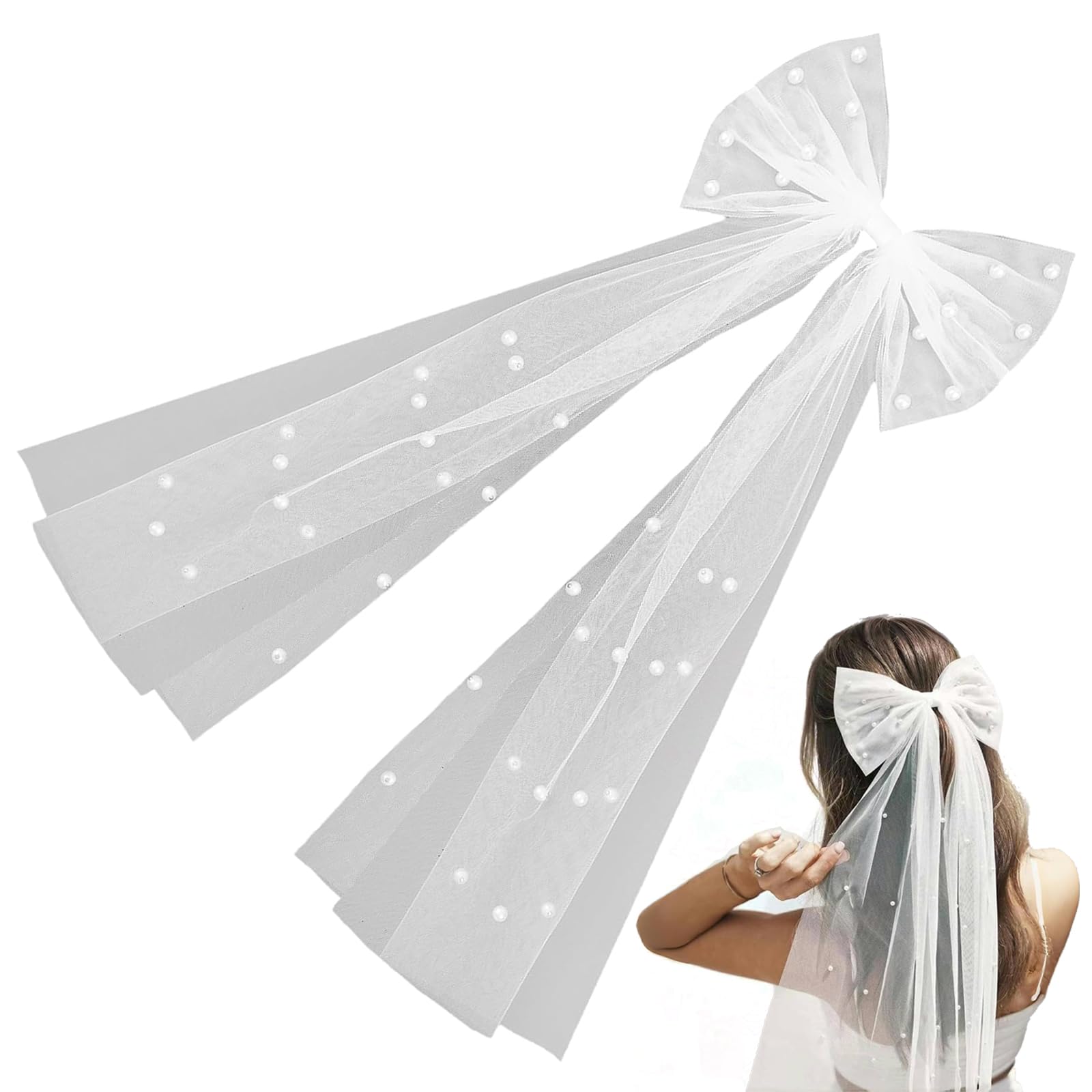 Bridal Hair Bow Veil with Pearl, Hen Party Veil, for Women and Girls, Hen Night Bridal Shower(White)