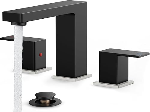 Miniatura 16 de FORIOUS Grifos de baño negros de 3 agujeros, grifo de lavabo de baño negro mate de 8 pulgadas de ancho, 2 manijas para fregadero de baño con drenaje