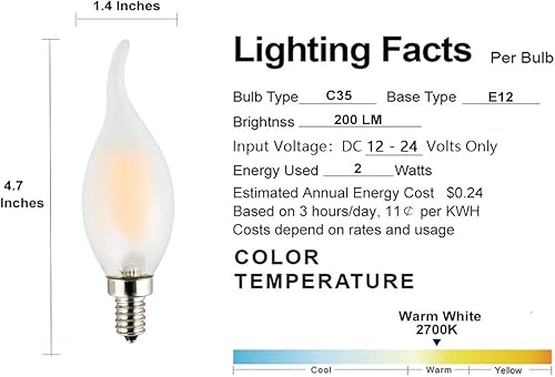Miniatura 3 de Bombilla LED de bajo voltaje DC 12V 2W para candelabro de 12V-24V CC, 12V CA, color de luz blanca cálida 2700K, base pequeña E12, reemplazo