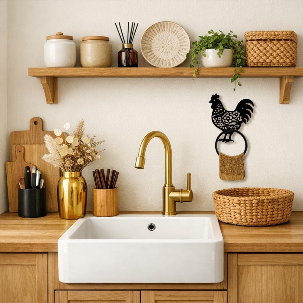 Art Bathroom Towel Ring Black Rustic Chicken Metal Modern Round Towel Hanger 5.1in Wall Mounted Hanging Ring Bath Decorative Hardware Accessory for Kitchen Bar Toilet Home Hotel Decor image 3