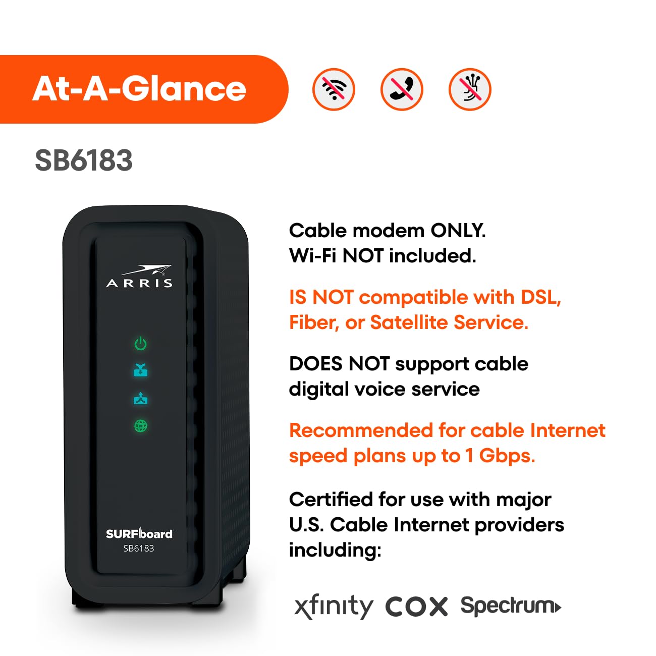ARRIS SB6183 Modem câble – Modem câble DOCSIS 3.0 16 x 4 Gigabit Rapide, pour Comcast Xfinity, Cox, Spectrum et Plus, Port 1 Gbit/s, Vitesse Internet maximale de 400 Mbit/s