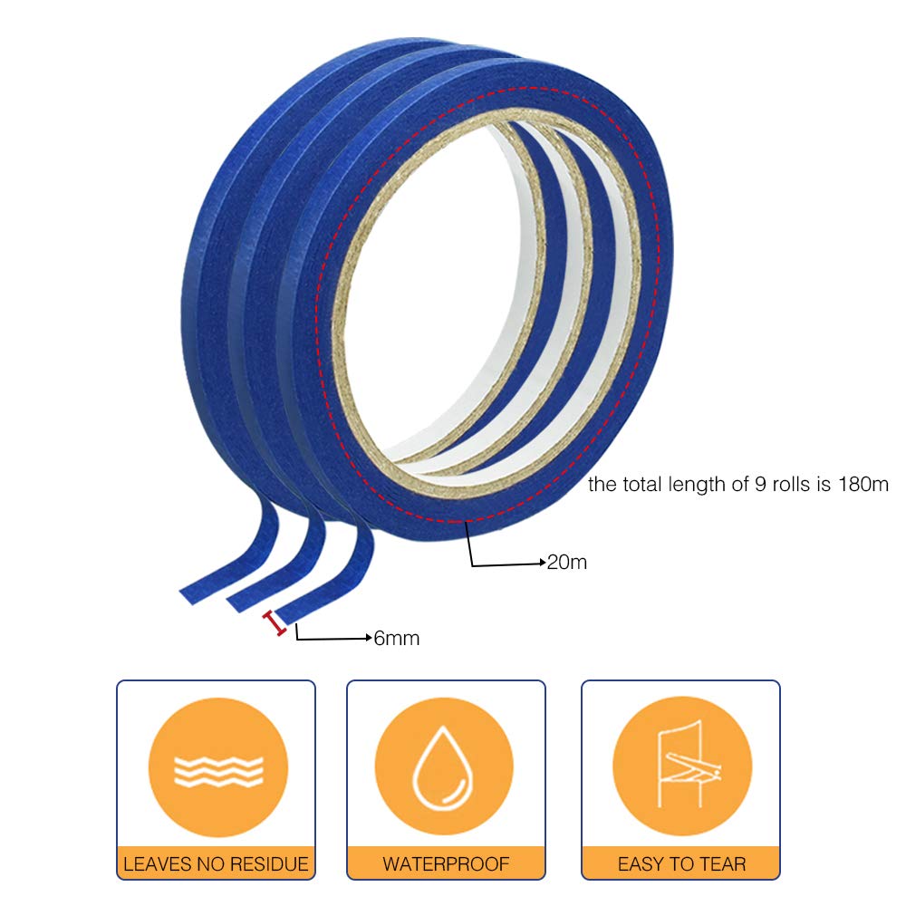 9 rotoli di nastro di mascheratura per pittura, 6 mm x 20 m, nastro adesivo per mascheratura, 6 mm, nastro di mascheratura per carta acquerello
