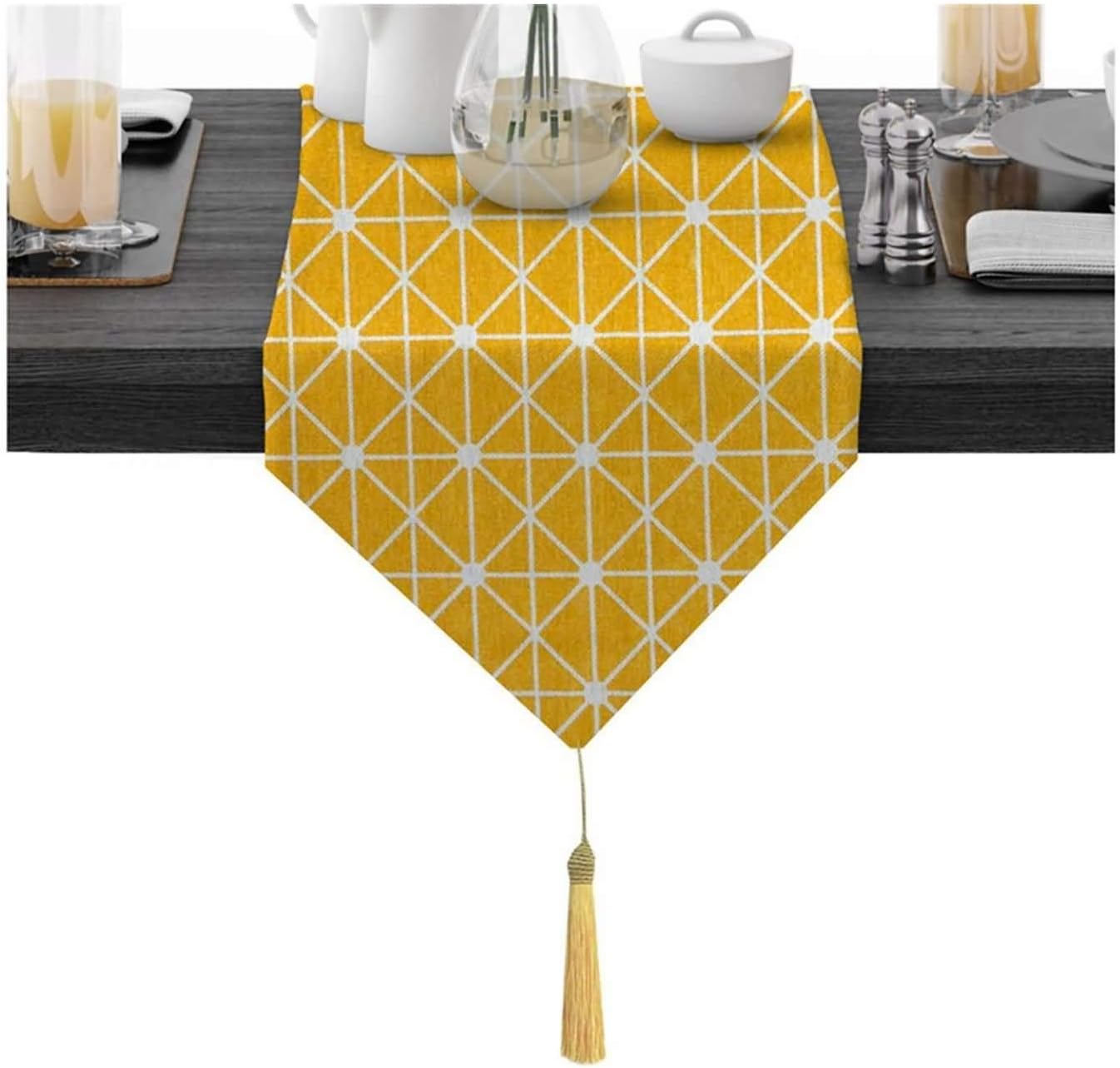 Valentine Table Runner,30x280CM,Geometric Pattern with Tassel Table Runner Decorative Cotton,Table Runner Modern Yellow