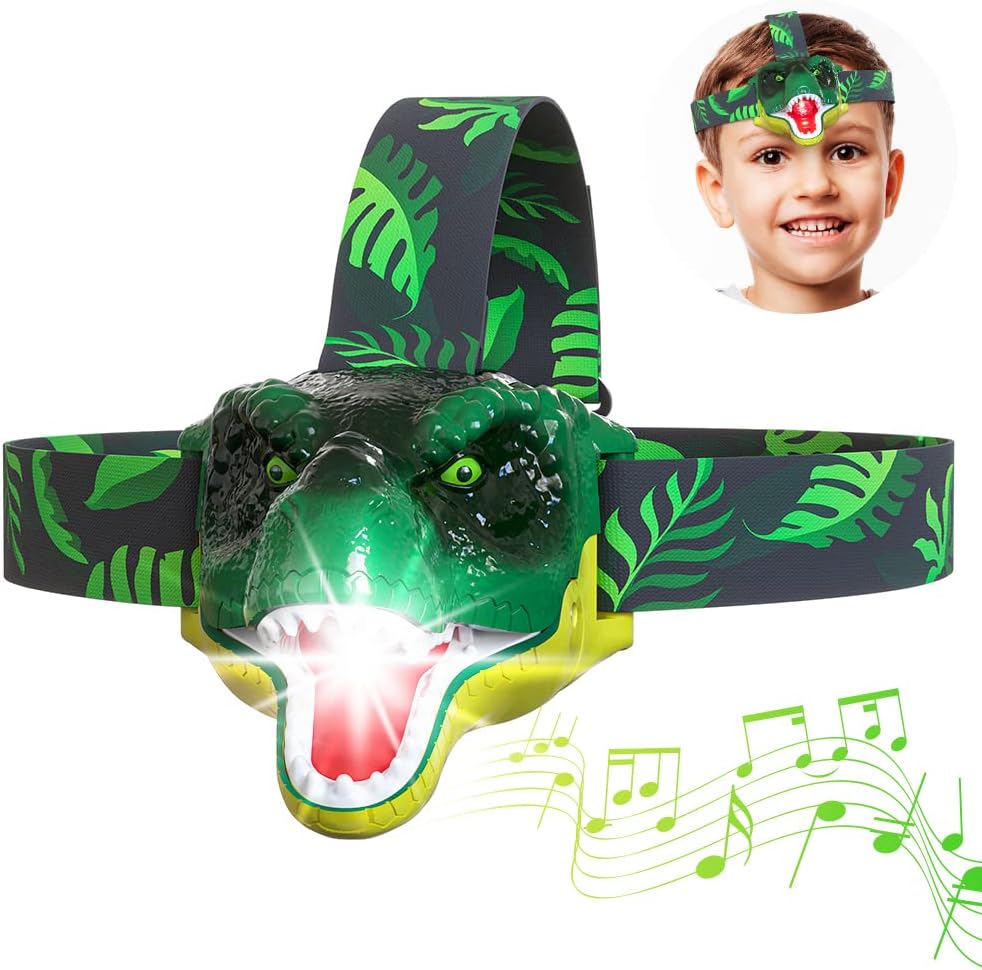 Skywin 2 Pack Dinosaur Headlamps for Kids with Roaring Sound, LED Kids Headlamp, Camping Gear Essentials, Kids Flashlights for Boys and Girls, Ideal Gift for Birthday, Christmas, New Year, Easter