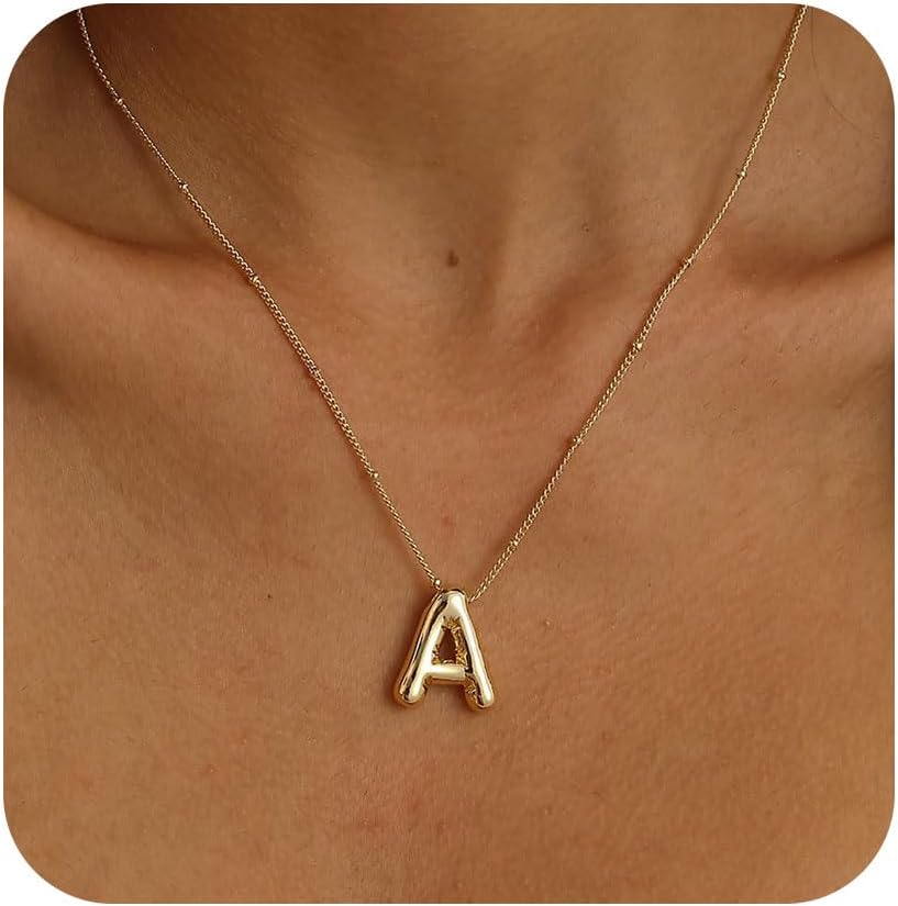 Initial Necklaces for Women, 14k Gold Plated Bubble Letter Necklace Chunky Gold Necklace Dainty Charm Initial Necklaces for Women Trendy Custom Preppy Stocking Stuff Necklace Christmas Gifts