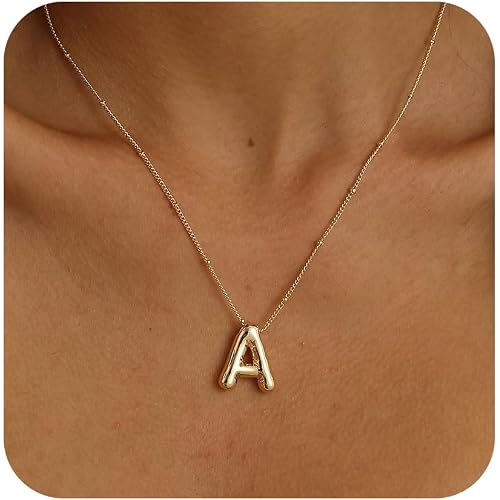 Ewrkbrㅤ Initial Necklaces for Women, 14k Gold Plated Bubble Letter Necklace Chunky Gold Necklace Dainty Charm Initial Necklaces for Women Trendy Custom Preppy Stocking Stuff Necklace Christmas Gifts