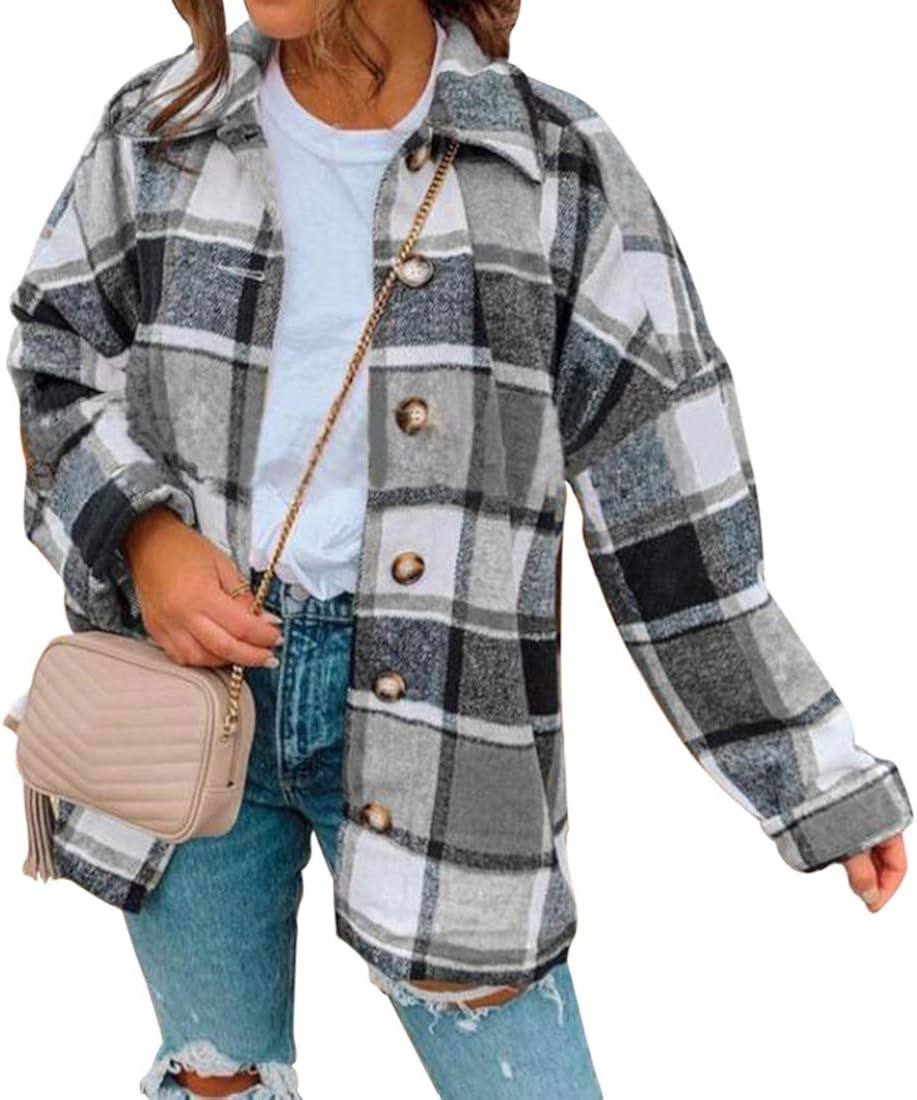 Shujin Women's checked jacket, shirt, blouse, buttons, long sleeve