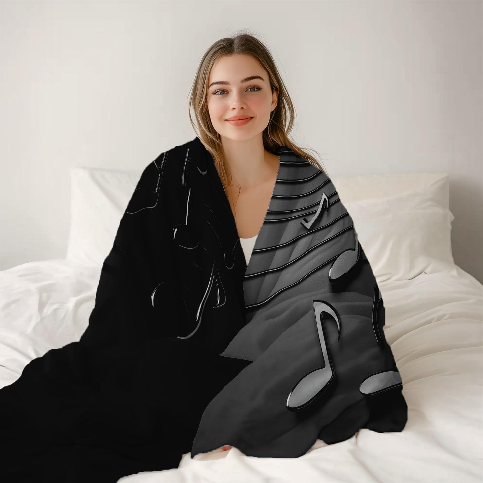 Manta de franela con diseño de música y notas musicales, rayas espectrales, símbolos, manta polar franela, suave y caliente, color negro, para niños, adultos, regalo para amigos, familia, sofá cama
