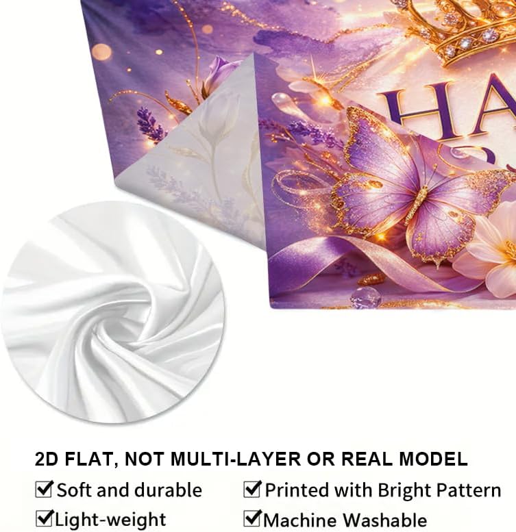 Happy Birthday Banner Purple Butterfly Crown Theme 71 x 43 Inch Elegant Birthday Party Decoration Backdrop Wall Hanging Polyester Banner Indoor Covered Outdoor Display