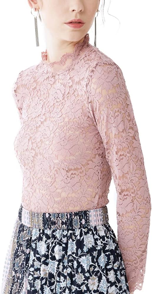 Women's Floral Lace Top Sexy Long Sleeve Mock Neck Casual Shirt Going Out Blouse