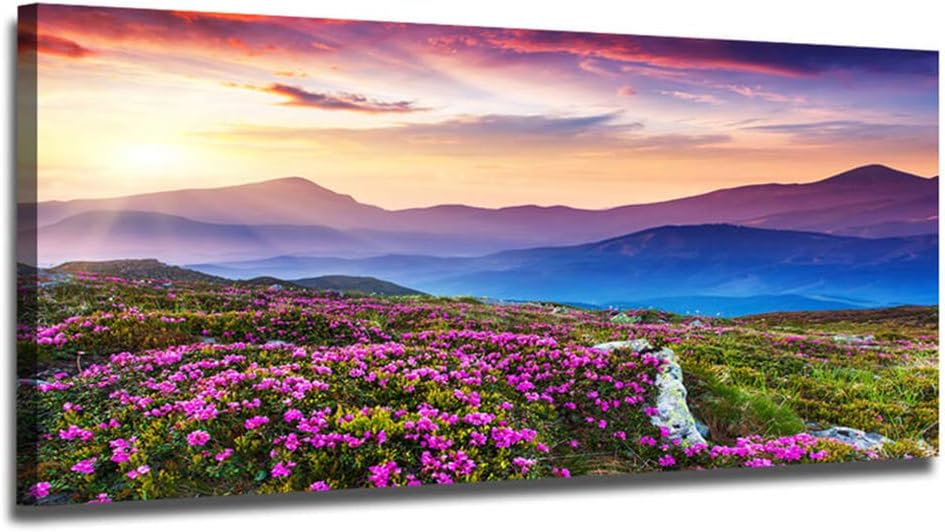 Ardemy Purple Mountain Fall Canvas Wall Art Landscape Picture Prints Modern Painting, Wildflowers Scenery Artwork Framed Large Size 40"x20" for Living Room Bedroom Bathroom Home Office Wall Decor