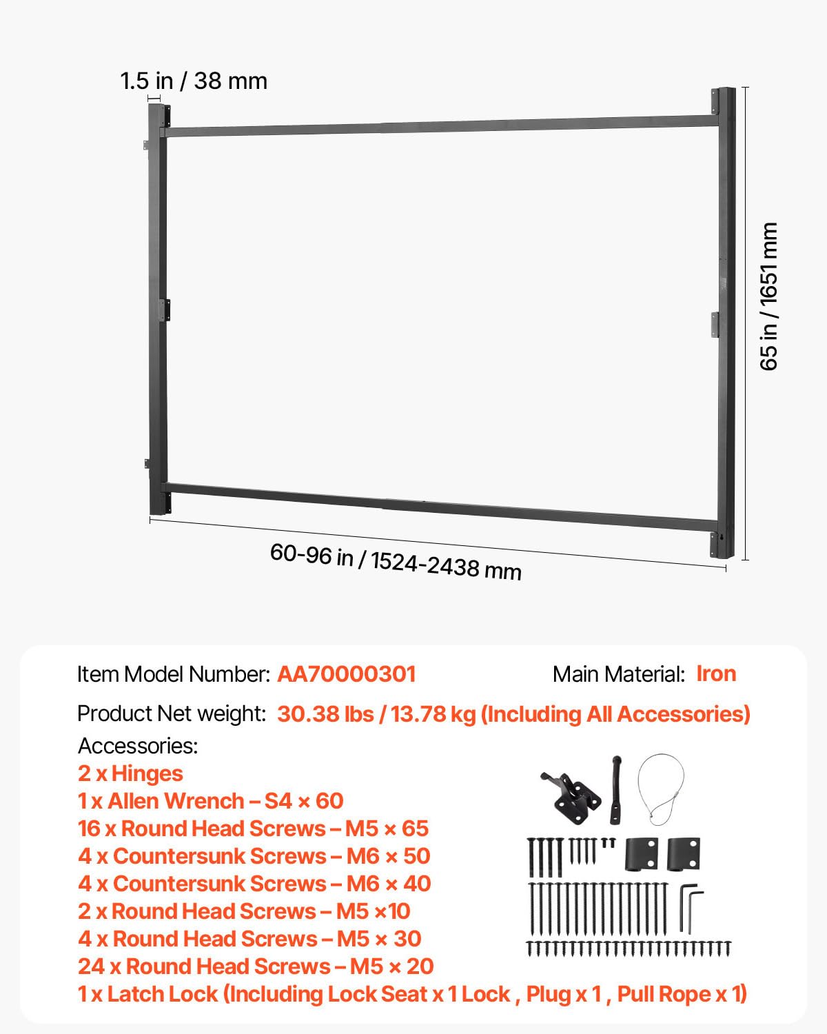 VEVOR Kit di Costruzione Cancello per Aperture Larghe 1524 a 2438 mm Recinzione Alta 1828,8 a 2133,6 mm Kit Telaio Cancello Completo Anti-Cedimento con Serratura a Scatto e Viti, Recinzione in Legno