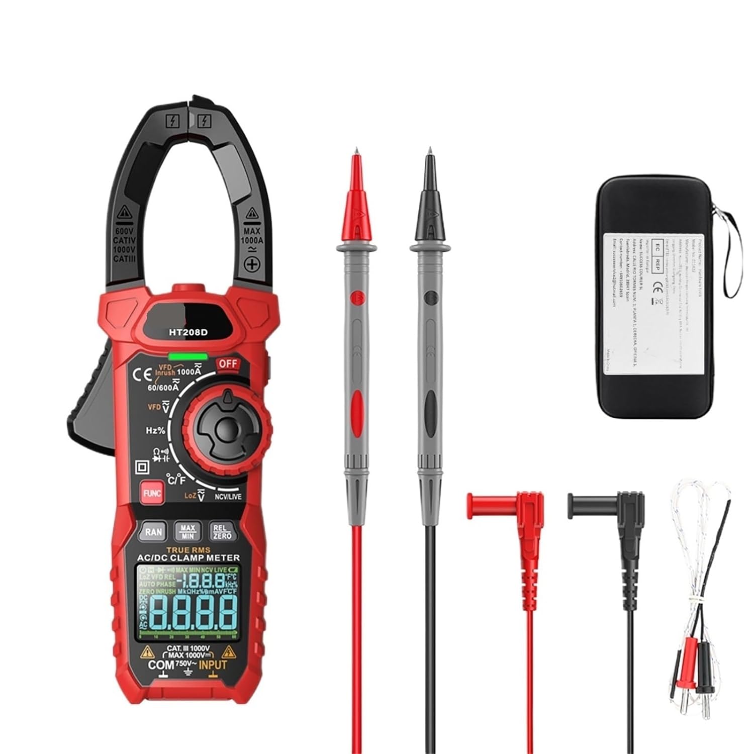 Digital Clamp Meter HT208A/D AC/DC Multimeter Pinza Amperimetrica True RMS High Precision Capacitance Ohm Hz Tester ﻿(100A AC DC)