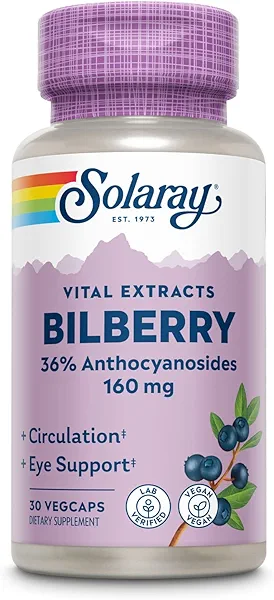SOLARAY Bilberry Extract 160 mg, Eye Health & Circulation Support, 36% Anthocyanosides Plus Blueberry, Vegan, 30 VegCaps