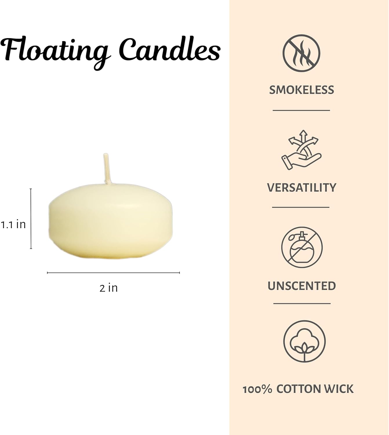 CW Studio 50 Pack 2 Inch Ivory Unscented Floating Candles – Long 6 Hour Burn, Smokeless – Premium Paraffin Wax – Perfect for Weddings, Parties, Spa, Centerpieces, Special Occasions & Home Décor