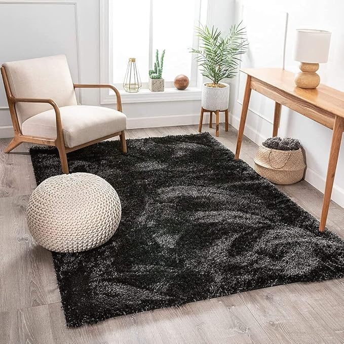 Image of F & B RUGS ; SUPERIOR QUALITY PRODUCTS Firoz and Brothers Handwoven Super Soft Indoor Modern Shag Microfibre Silky Fluffy Smooth 12x12 feet Black