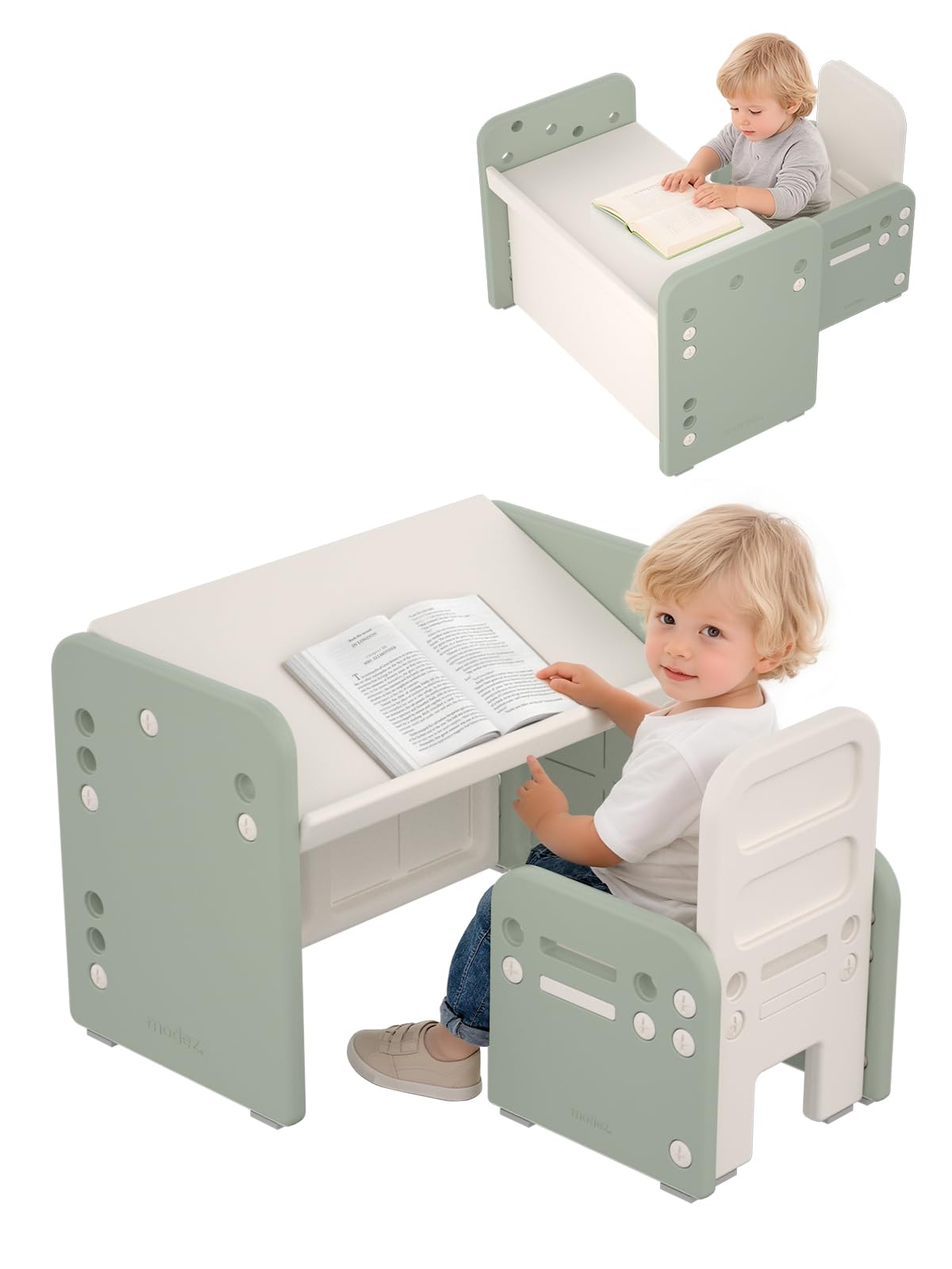 Table Enfant avec Chaise, Ensemble Table et Chaises pour Enfants Réglables en Hauteur, Bureau Convertible, Multifonctions pour Lire, Écrire, Dessiner et Manger, Vert