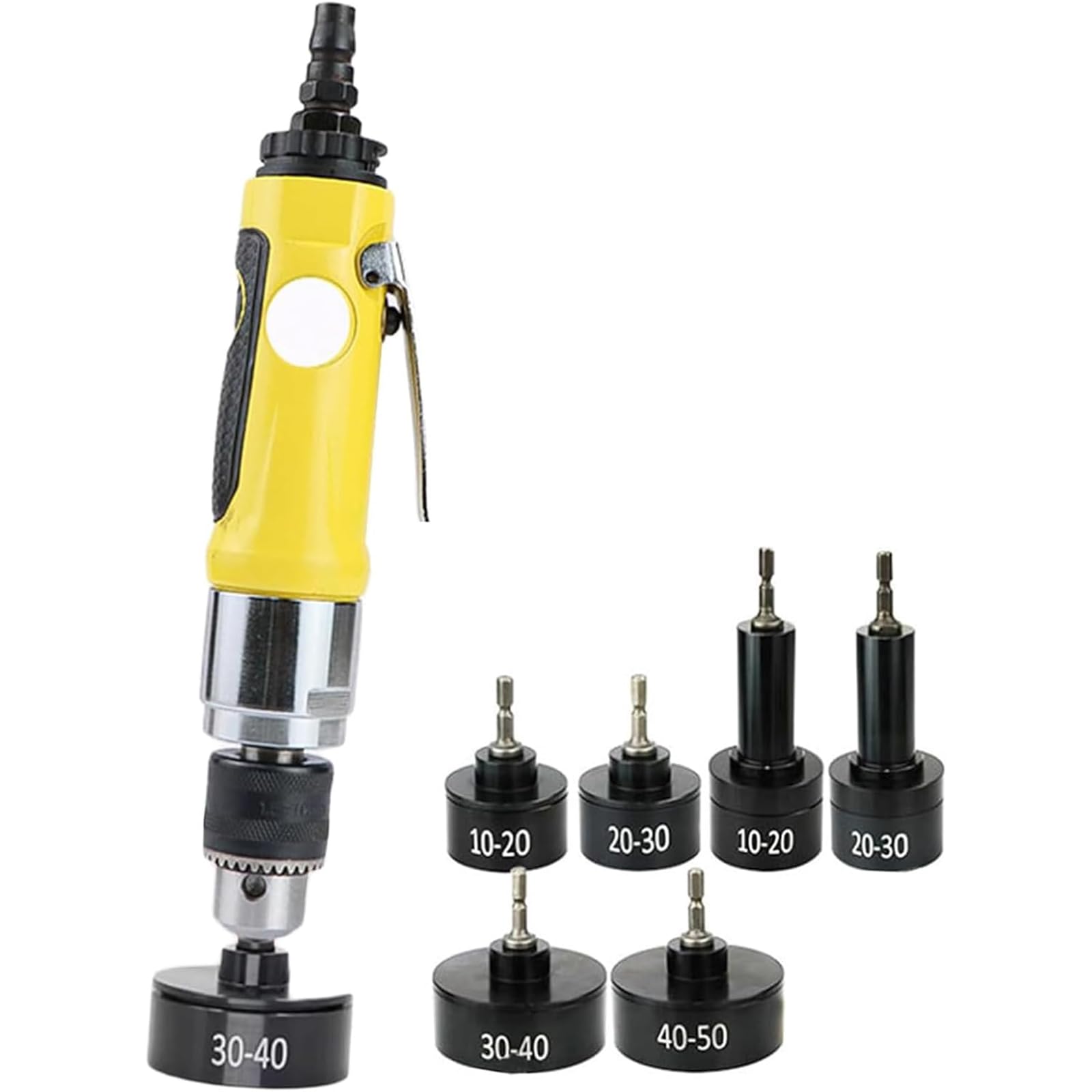 Pneumatic Capping Machine, Hand-Held Screw Capper with 6 Capping Heads, Drilling Hole Can Hold A 3/8 Drill Chuck/Maximum Speed ​​2500 RPM, Bottle Cap Sealing Tool for 10-50mm Flat Plastic Caps