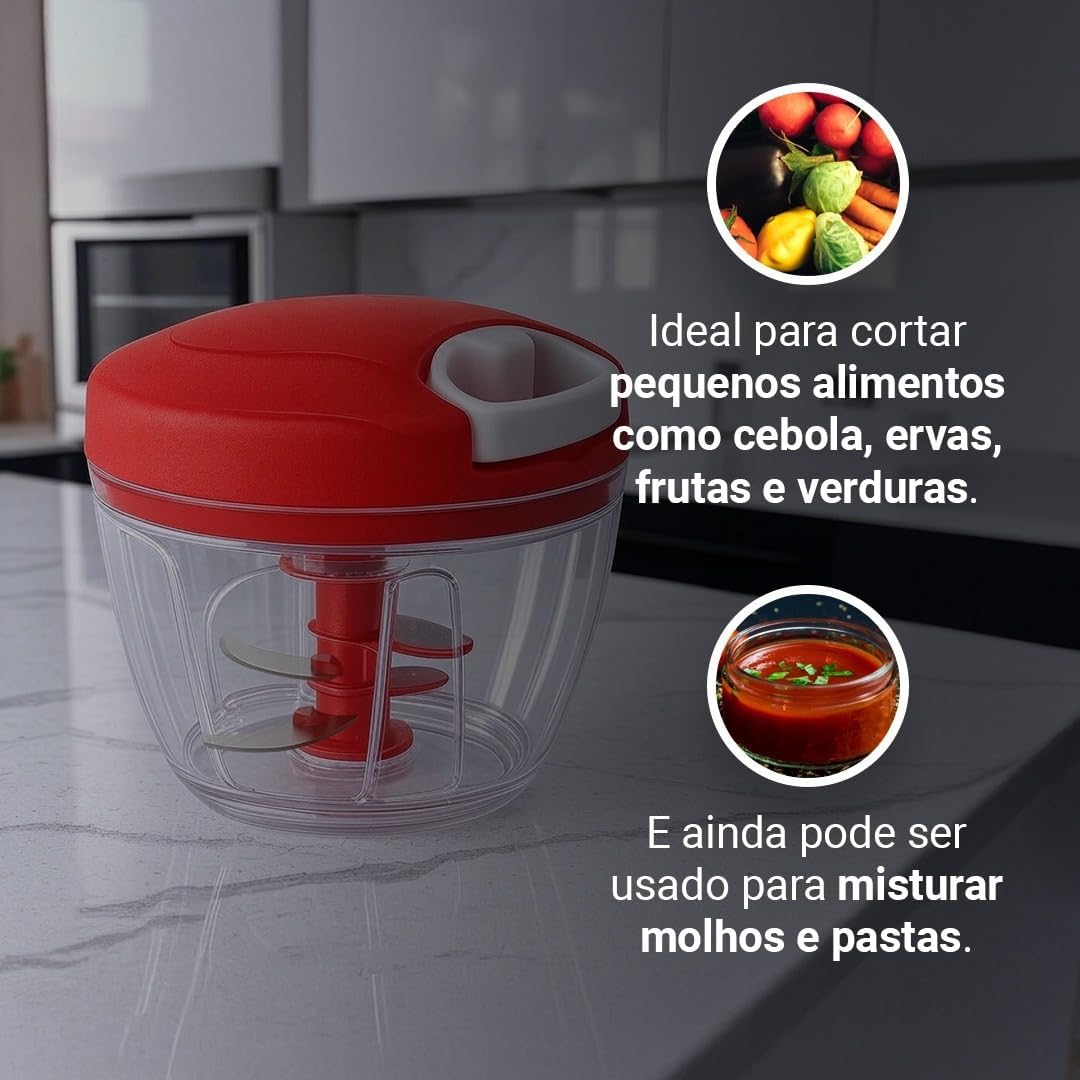 Miniprocessador Manual de Alimentos 3 Lâminas Inox – Tritura Cebola, Alho, Frutas, Ervas – Compacto e Portátil – Design Minimalista (Preto)