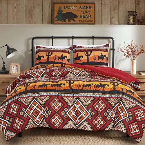 Chezmoi Collection Barrett 3-Piece Southwestern Sunset Cowboys Comforter Set - Multicolor Red Orange Black White Printed Washed Microfiber Bedding, Queen