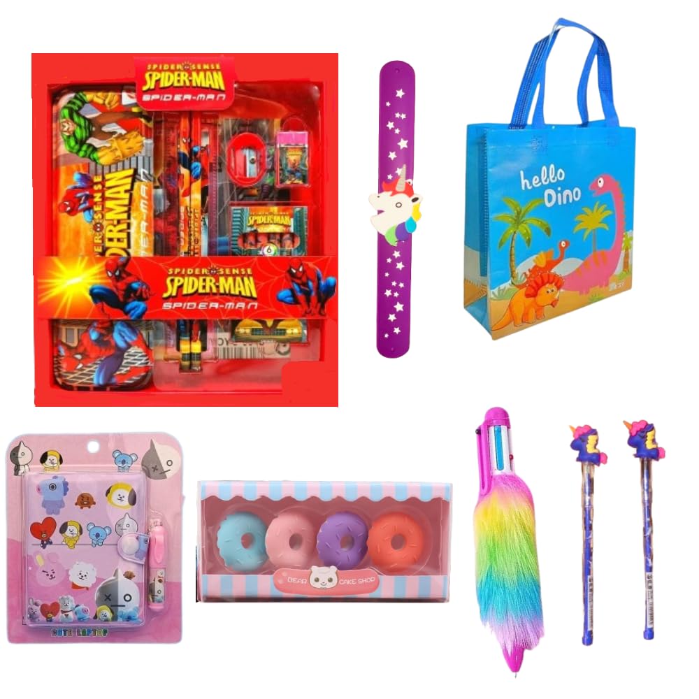 Kaarmugil Stationery Combo Set For Kids/Combo Of Cartoon Stationery Set,Unicorn Pencil,Pocket Diary With Pen,Dino Theme Bag,Bracelet,Fur Pen,Eraser(Contains 7 Types Of Products,Cartoon Set)-Multicolor