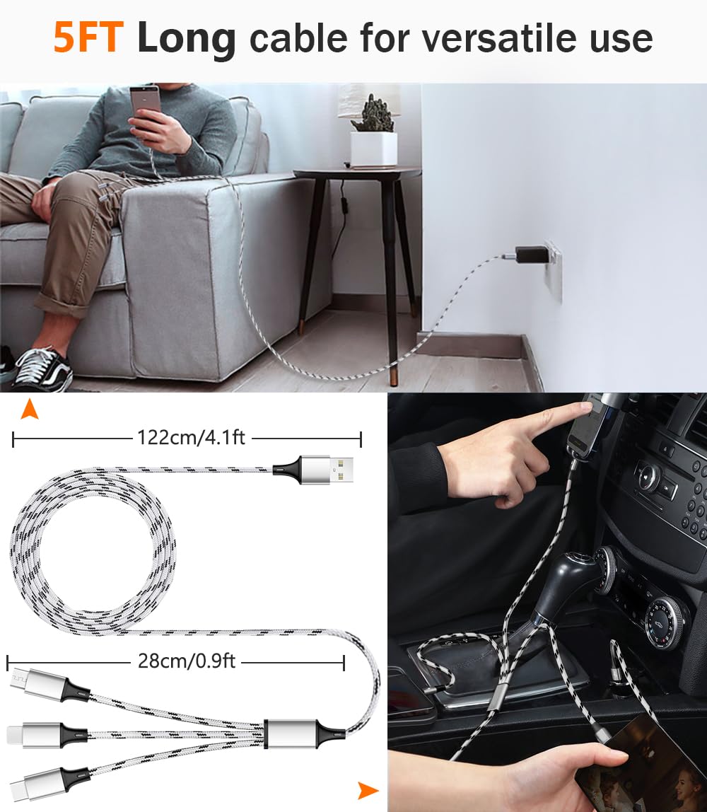 Multi Charging Cable, 5ft 3Pack Multi Charger Cable Nylon Braided Multiple USB Universal 3 in 1 Charging Cord Adapter with Type-C, Micro USB Port Connectors for Cell Phones and More