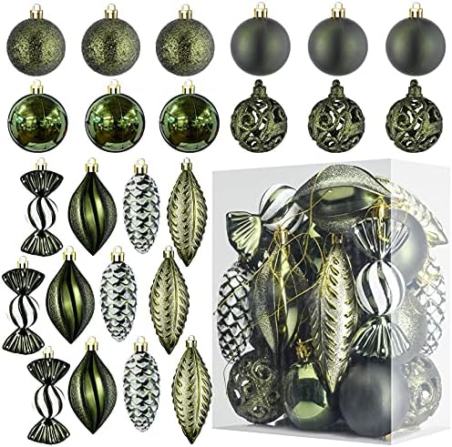 Green Christmas Ball Ornaments for Christmas Decoration Baubles - 24 Pieces Xmas Tree Shatterproof Ornaments with Hanging Loop for Holiday and Party Decoration (Combo of 8 Ball and Shaped Styles)